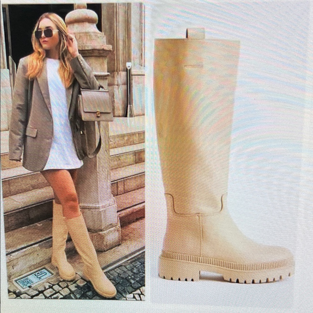 H&M Tall Faux Leather Beige Boots Chunky Heel Size 8